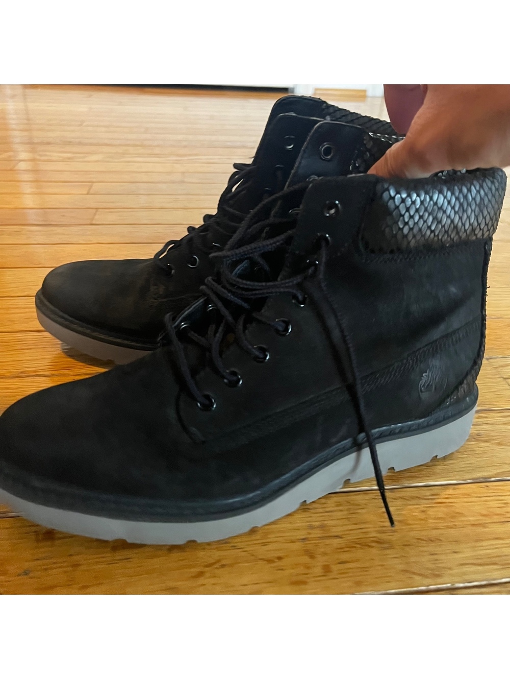 Timberland Black Suede and Snake Print Collar Boots - Picture 5 of 9